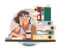 Woman Office Worker in Glasses with Pile of Folders and Documents at Workspace Performing Duty Circle Vector Composition Royalty Free Stock Photo