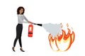 Woman office worker holds red fire extinguisher. Cartoon female employee extinguishes fire, isolated on white background Royalty Free Stock Photo