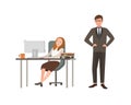Woman office worker sits at desk with computer and sleeps, his boss angrily looks at him. Concept of fatigue at work