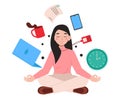 Woman office worker sits in lotus position and meditates at work. Work stuff fly around..