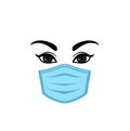 Woman olive green eyes with eyebrows and eyelashes and air pollution face mask isolated on white background, woman wearing medical Royalty Free Stock Photo