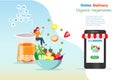Woman online order fruit and vegetable foods and orange juice on delivery service via smart phone