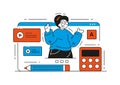 Woman online tutor explaining lesson live stream broadcasting computer screen vector illustration