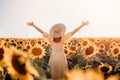 Unrecognizable woman with open arms in sunflowers field. Yellow colors, warm toning. Free girl in straw hat and retro Royalty Free Stock Photo