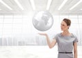 Woman with open palm hand under world earth globe Royalty Free Stock Photo