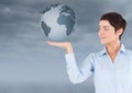 Woman with open palm hand under world earth globe Royalty Free Stock Photo