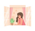 Woman at an open window at home relaxing. Cute and cozy vector illustration
