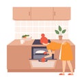 Woman opened the oven and looks at the dough. Vector illustration.