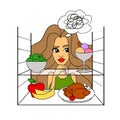 Woman opened the refrigerator door, thinks what food to choose. vector illustration isolated on white background