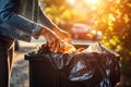 Woman opening bin to throw trash bag open dirt. Generate Ai
