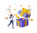 Woman opening gift box and looking at festive confetti thrown out of it 3D vector illustration. Concept birthday present