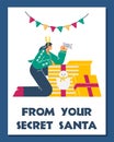 Woman opening gift from secret Santa, poster with text, cartoon flat vector illustration.