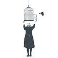 A woman opens the cage from which the bird flies. Vector illustration, sketch