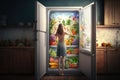 Woman opens fridge door, looks inside and takes out vegetables. Generative AI