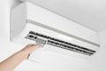 Woman operating air conditioner with remote control indoors, closeup Royalty Free Stock Photo