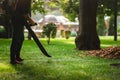 A woman operating a heavy duty leaf blower. Royalty Free Stock Photo