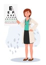 Woman Ophthalmologist Doctor in Medical Uniform Pointing at Eye Chart.