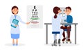 Woman Ophthalmologist Doctor in Medical Uniform Pointing at Eye Chart and Observing Patient Vector Illustration Set Royalty Free Stock Photo