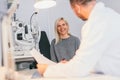 Woman in optician`s office, having an appointment. Royalty Free Stock Photo