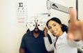 Woman, optometrist or optical equipment for eye testing, optometry or doctor for exam, assessment or vision. Healthcare Royalty Free Stock Photo