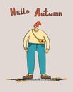 woman with orange hair in trendy clothes with handwritten text hello Autumn on paslet background. Hand drawn people