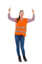 Woman In Orange Reflective Vest Pointing Up Royalty Free Stock Photo