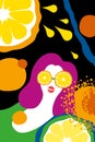 Woman and orange on vertical black background. Bright minimalism. Contemporary pop art. Flat style. Modern abstract illustration