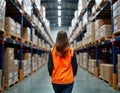 Woman in orange vest walks warehouse aisle. Rows of stacked boxes fill large distribution center. Logistics worker surveys