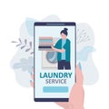 Woman orders of dry cleaning service by smartphone. Online laundry service on phone screen