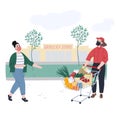 Woman orders and pickups food near a grocery store. Non contact food delivery. Cartoon flat hand drawn concept