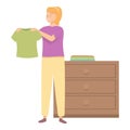 Woman organizing dry clothes icon cartoon vector. Cupboard home furniture.