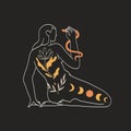 Woman hold serpent in her hand isolated on black background. Celestial bodies, human mind and soul art