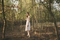 Woman Outdoors In The Forest Trees Summer White Dress