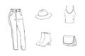 Woman outfit of the day. Fashion hand-drawn vector illustrations, of pants, spaghetti strap, boots, hat, and bag. Isolated on