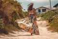 woman summer person lifestyle beautiful hippie sea dress fashion beach fashionable. Generative AI. Royalty Free Stock Photo