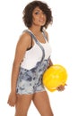 Woman overall shorts hard hat look