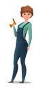 Woman in overalls. Service girl. Handyman, locksmith or repairman. Cheerful person. Standing pose. Cartoon comic style