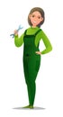 Woman in overalls. Service girl. Handyman, locksmith or repairman. Cheerful person. Standing pose. Cartoon comic style