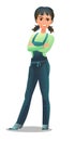 Woman in overalls. Service girl. Handyman, locksmith or repairman. Cheerful person. Standing pose. Cartoon comic style