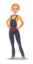 Woman in overalls. Service girl. Handyman, locksmith or repairman. Cheerful person. Standing pose. Cartoon comic style