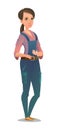 Woman in overalls. Service girl. Handyman, locksmith or repairman. Cheerful person. Standing pose. Cartoon comic style