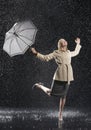 Woman In Overcoat With Umbrella Enjoying The Rain