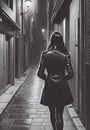 woman in overcoat walking after midnight on empty street generative AI illustration Royalty Free Stock Photo