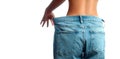 Woman in oversize jeans after weight loss, diet concept.