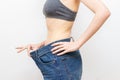 Woman In Oversize Pants After Weight Loss. Diet Concept