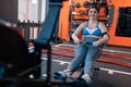 Woman with overweight smiling while working out in gym Royalty Free Stock Photo