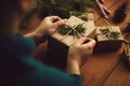 Woman packing Christmas gifts Royalty Free Stock Photo
