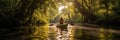 A woman paddling a canoe down a river. Generative AI image.