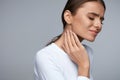 Woman In Pain. Beautiful Girl Feeling Toothache, Jaw, Neck Pain