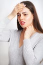 Woman In Pain. Beautiful Girl Feeling Toothache, Jaw, Neck Pain Royalty Free Stock Photo